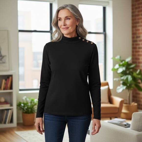 New J. Crew Mock Neck Button Shoulder Black Cotton Long Sleeve Preppy Top Size L - Picture 6 of 9